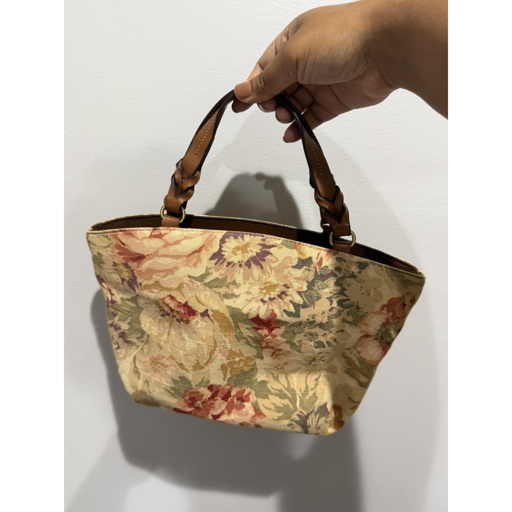 FOSSIL FLORAL Ripstop Tan Canvas Peach ROSE Leather Shoulder Bag‎ Crossbody T